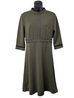 Homeyee Women's Green Mock Neck 3/4 Sleeve A-Line Knee Dress Stretch Size 8
